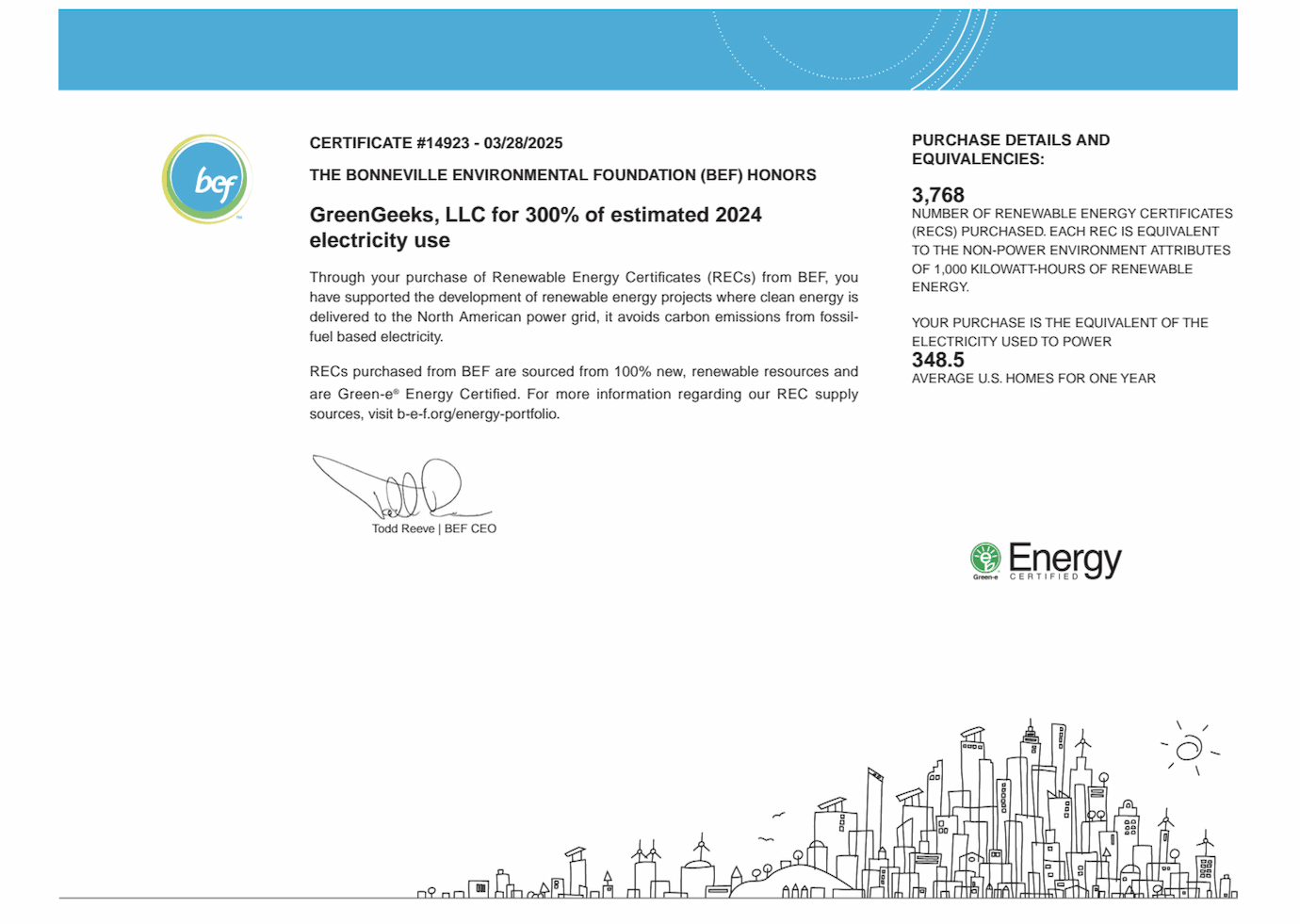 GreenGeeks Renewable Energy Certificate