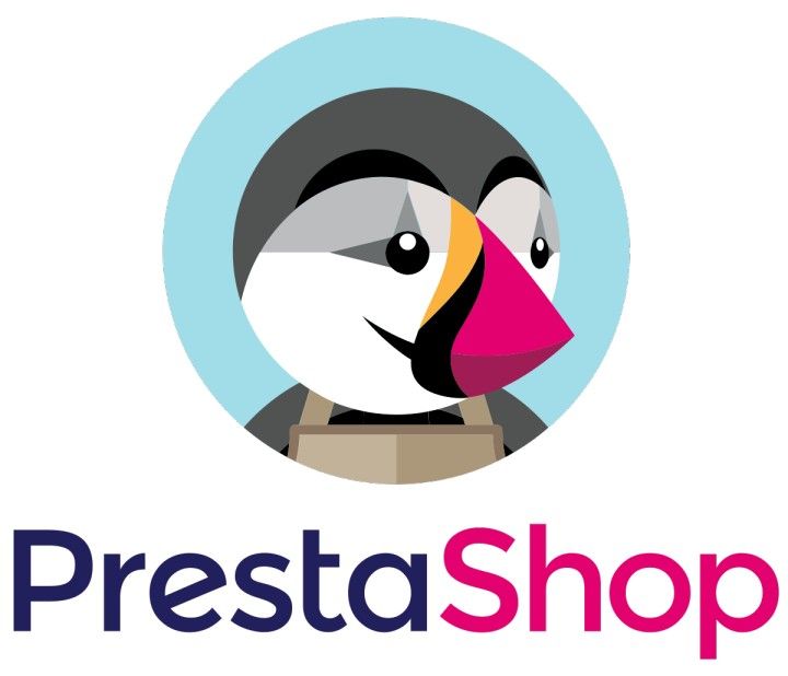 PrestaShop logo featuring a stylized puffin mascot with a blue circular background and the text 'PrestaShop' in blue and pink.