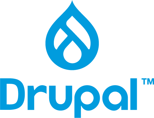 Drupal logo – a blue stylized water droplet with a white symbol inside, accompanied by the word ‘Drupal’ in blue text.